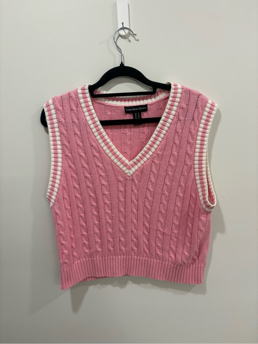 Streetwear Society Pink Cable-Knit V-Neck Sweater Vest with Cream Trim
